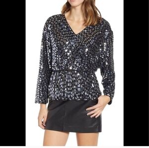 Prima NWOT Sequin V-Neck Black, Blue and Silver Peplum Top